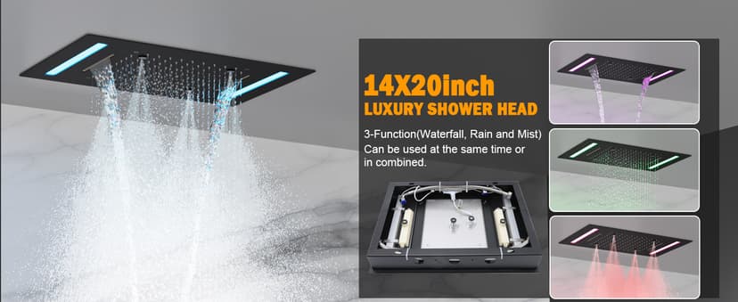 HOMEDEC Double Shower Heads Full Body Shower System with 6pcs Body Jets, 3-in-1 Function 14x20inch and 6inch Showerheads, Rainfall Shower System, Black