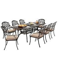 7-Piece Cast Aluminum Outdoor Table and Chairs, Antique Bronze Patio Dining Set for 6 Include 60" Rectangular Outdoor Dining Table and 6 Swivel Chairs with Removable Cushion and Umbrella Hole