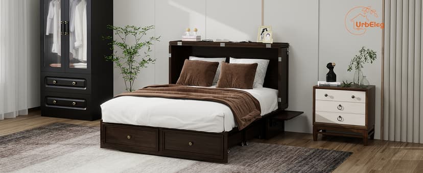 Murphy Bed Cabinet Full with Tri-Folding Mattress, Solid Wood Murphy Bed with 2 USB & 2 Charging Ports, Large Storage Drawer for Home Office or Small Space, Ebony Wood Color