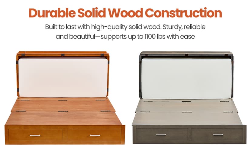 Murphy Bed Cabinet with Mattress, Queen Size Wall Beds with Large Storage Drawer and Charging Station, Hideaway Murphy Bed Chest for Home Office or Small Room (Gray)