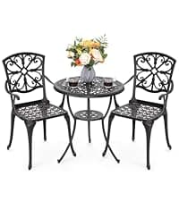 NUU GARDEN Bistro Set 3 Piece Outdoor Cast Aluminum Patio Bistro Set Patio Table and Chairs Set of 2 with Umbrella Hole and Gray Cushions, Black