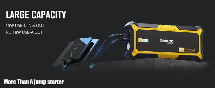 GOOLOO GP4000 Jump Starter 4000A Peak Car Starter (All Gas,up to 10.0L Diesel Engine) SuperSafe 12V Lithium Jump Box,Auto Battery Booster Pack,Portable Power Bank with USB Quick Charge and Type C Port