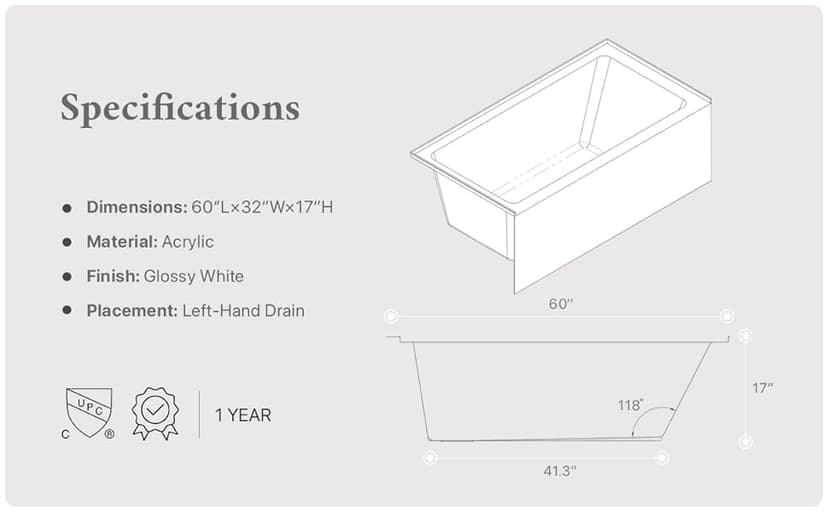 Eviva Nova 60" White Acrylic Free Standing Tub for Bathrooms - White Bathtub with Chrome Left-Hand Drain - luxurious Bathtubs - 60 inch Bathtubs for Bathrooms