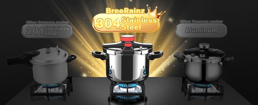 BreeRainz 8.45QT 304 Stainless Steel Pressure Cooker, 3-Stage PSI Settings, One-Hand Locking,Explosion-Proof Pot w/Extra Glass Lid, Timer, Steaming Rack(Induction Compatible)