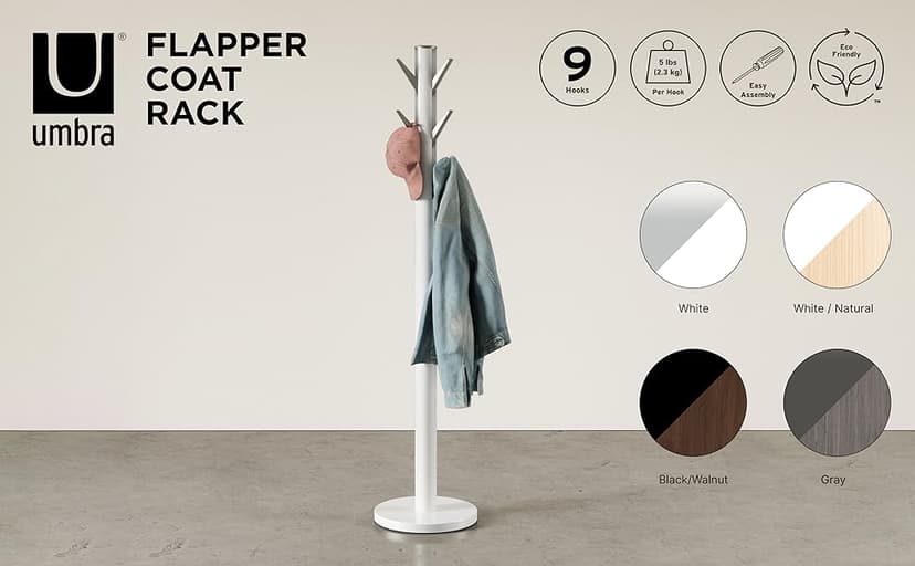 Umbra Flapper Coat Rack, Clothing Hanger, Umbrella Holder, and Hat Organizer, Great for Entryway, Black/Walnut (320361-048)