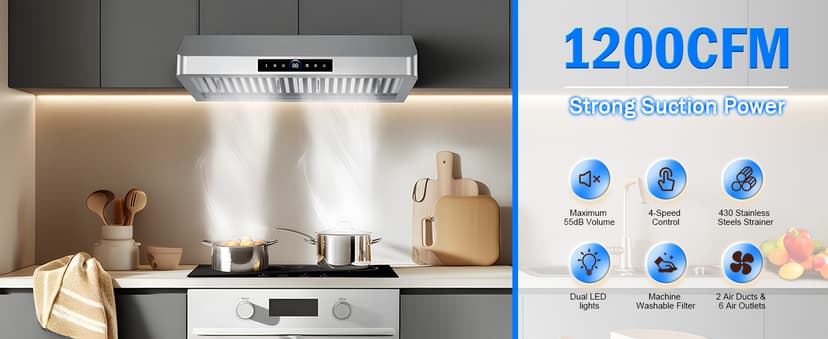 30 Inch Under Cabinet Range Hood with 1200CFM Powerful Suction,Stainless Steel Ducted Vent Hood with 4 Speeds,Smart Touch Panel, 3W LED Lights, Quiet Kitchen Exhaust Hood,18B-E30