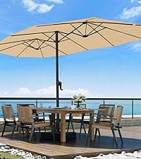 10ft Patio Umbrella with Base Included, Outdoor Offset Cantilever Umbrella w/Upgraded Yarn-dyed Fabric Shade, Sturdy 8 Rids, Easy Tilt Adjustment, for Pool Deck Porch Backyard Garden,Beige
