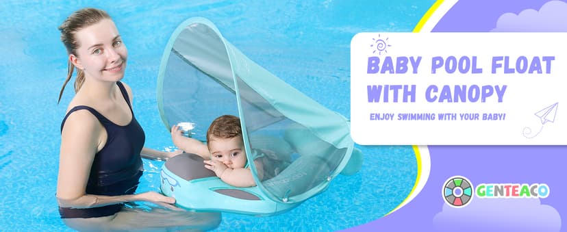 Mambobaby Baby Swim Float with Canopy Non-Inflatable Infant Pool Float with Tail 3-24 Months Avoid Flip Solid Skin-Friendly Material for Toddler Boys Girls