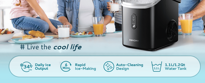 EUHOMY Nugget Ice Maker Countertop with Handle, Ready in 6 Mins, 34lbs Per Day, Removable Top Cover, Auto-Cleaning, Portable Sonic Ice Maker with Basket and Scoop, for Home/Party/RV/Camping (Black)