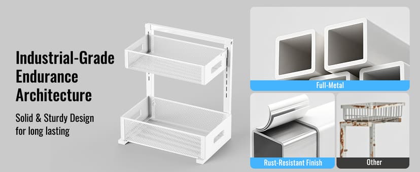 Pull-out Under Kitchen Sink Organizer, Metal Functional Under Sink Organizer, Height Adjustable Under Bathroom Sink Organizer, Under Sink Storage for Kitchen Bathroom Cabinet (White)
