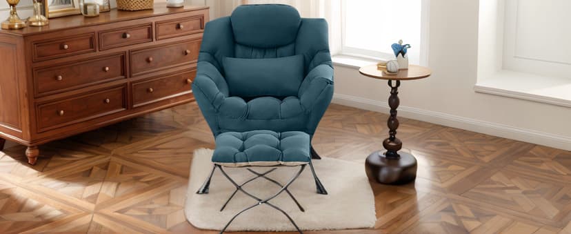 Lazy Chair with Ottoman, Modern Lounge Armchair with Lumbar Pillow, Accent Cozy Reading Chair and Folding Footstool for Bedroom, Dorm, Living Room,Khaki