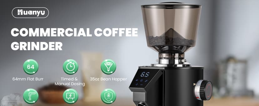 Huanyu Commercial Coffee Grinder with Touching Screen Infinite Adjustment 8 Grinding Settings Burr Coffee Grinders for Shops with Dual Dosing Modes