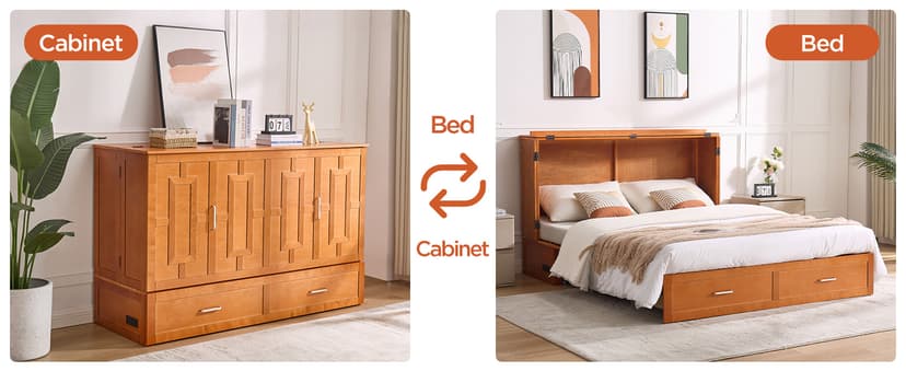 Queen Murphy Bed with Tri-Folding Mattress, Space-Saving Queen Size Wall Bed Built-in Charging Station, Foldable Murphy Bed Cabinet with 2 Storage Drawers for Bedroom, Guest Room, Cherry