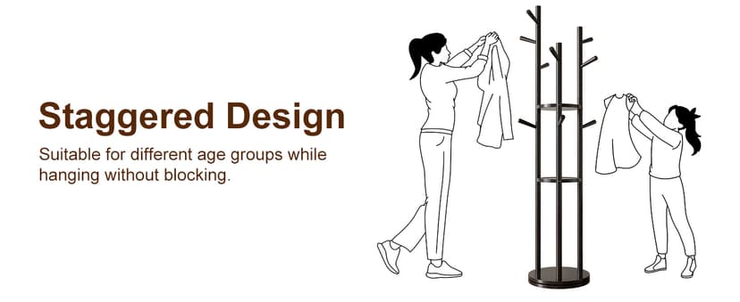 KungFuWood Coat Rack, Solid Wood Rotary Coat Rack Stand, Freestanding Coat Rack with 3 Shelves and 9 Hooks, Sturdy and Easy to Assemble Coat Tree for Entryway, Bedroom, Coats, Bags (Black)