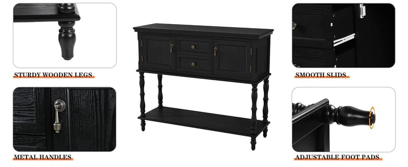 ARTPOWER Console Table with 2 Drawers, Retro Entryway Table with 2 Door Cabinets and Open Storage Shelf, Narrow Long Behind Couch Sofa Table for Living Room, Foyer, Hallway, Black