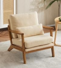 Karl home Accent Chair Mid-Century Modern Chair with Pillow Linen Fabric Upholstered Lounge Arm Chair with Solid Wood Frame & Soft Cushion for Living Room, Bedroom, Balcony, Beige