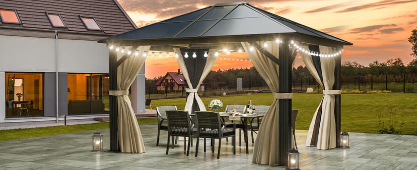 YITAHOME 10x12 Polycarbonate Gazebo Hardtop Outdoor Canopy with Netting and Shaded Curtains, Aluminum Frame Garden Tent for Patio, Backyard, Deck and Lawns, Brown