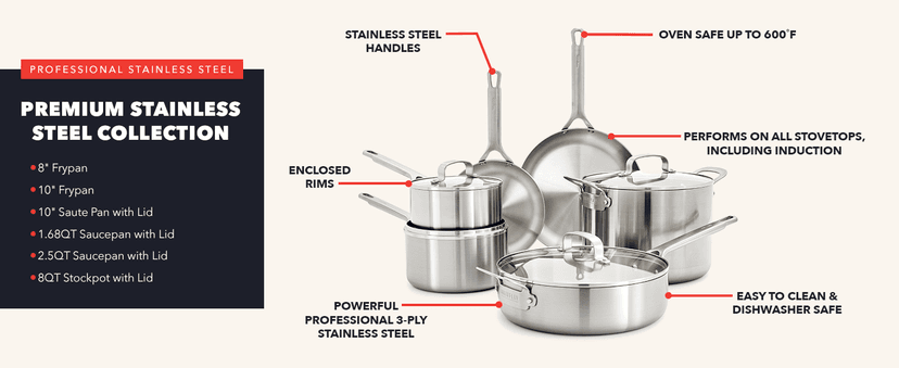 GreenPan x Bobby Flay 10 Piece Stainless Steel Cookware Set, Tri-Ply Multiclad Pots & Pans, Professional Grade, Oven & Broiler Safe to 600°F, Dishwasher Safe, Durable, Induction Compatible, Silver
