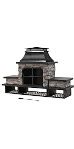 Sunjoy Outdoor Fireplace, Smith Collection Patio Wood Burning Steel Fireplace with Chimney, Spark Screen, Fire Poker, and Removable Grate, Copper with Yellow Tile