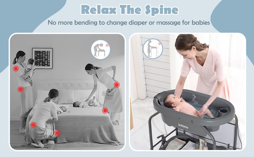 INFANS 2 in 1 Baby Changing Table with Bath Tub Unit, Folding Diaper Dresser Station with Wheels Waterproof Pad Storage Rack, Portable Nursery Organizer Stand for Newborn Infant (Light Grey)