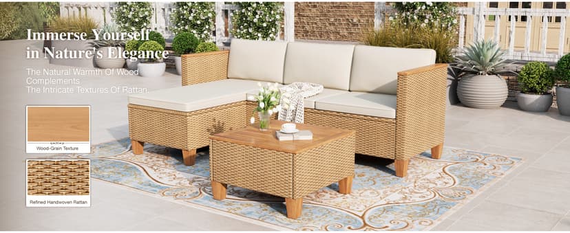 HERA'S HOUSE Small Patio Furniture Set, All Weather 3 Pieces Wicker Outdoor Sectional Set,Yellow Rattan Conversation Set with Lounge Sofa and Coffee Table for Lawn, Garden