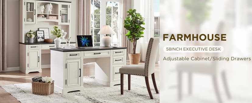 JXQTLINGMU 58" Executive Desk, Farmhouse Computer Desk with Drawers and Cabinet, Embossed Texture Home Office Desk w/Charging Station, Workspace for Work Study Writing, Off White