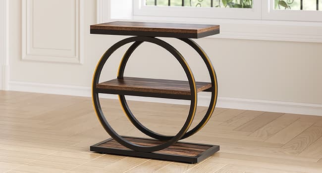 LITTLE TREE End Table, 3-Tier Side Table, Slim Sofa Side Table for Living Room, Tall Bedside Table Nightstand for Bedroom, Rustic Brown and Black