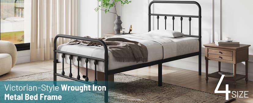 Queen Bed Frame-Classic Metal Platform Bed Frame Mattress Foundation with Victorian Style Iron-Art Headboard/Footboard/Under Bed Storage/No Box Spring Needed/Black