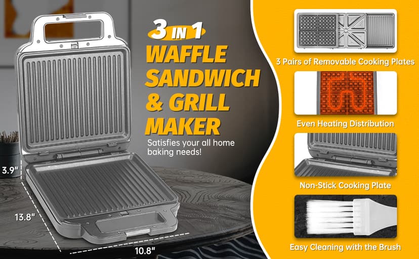 Panini Grill Press Breakfast Sandwich Maker 3 in 1, Electric Griddle Panini Press, Grilled Cheese Maker, Sandwichera Electrica, Belgian Waffle Maker with Removable Plates