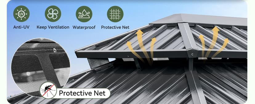 Aoxun Hardtop Gazebo 10x12, Aluminum Frame Canopy with Double Galvanized Steel Roof, Outdoor Gazebo with Breathable Netting and Privacy Curtain for Backyard