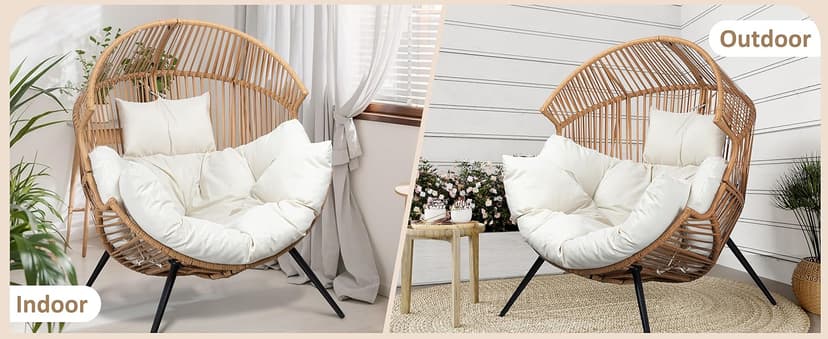 Shintenchi Wicker Egg Chair Outdoor Rattan Patio Chair with Cushion,Oversized Patio Lounge Chairs with Cushion Egg Basket Chair, Egg Seat for Indoor Living Room Bedroom Outside Patio Backyard Balcony