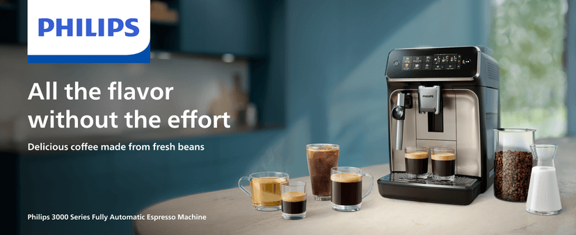 PHILIPS 3300 Series Fully Automatic Espresso Machine with integrated milk frother and grinder, 5 Hot & Iced Coffee Pre-Sets, 40% Quieter SilentBrew, 15-Bar Pressure, Glossy Black (EP3326/90)