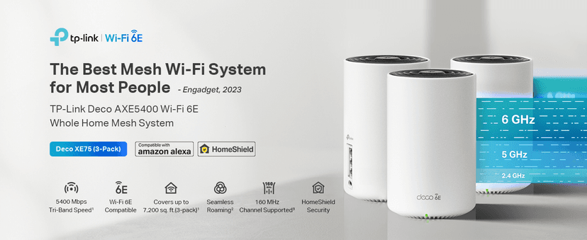 TP-Link Deco XE75 AXE5400 Tri-Band WiFi 6E Mesh System - Wi-Fi up to 7200 Sq.Ft, Engadget Rated Best Mesh for Most People, Replaces WiFi Router and Extender, AI-Driven Mesh New 6GHz Band, 3-Pack