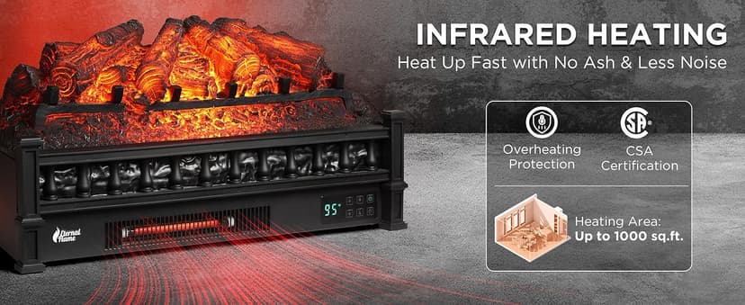 TURBRO Eternal Flame 26 in. WiFi Infrared Quartz Electric Fireplace Log Heater with Sound Crackling, Realistic Pinewood Logs, Adjustable Flame Colors, Remote Control, Thermostat, Timer, 1500W Black