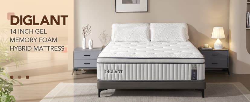 DIGLANT California King Mattress, 14Inch Cooling Gel Memory Foam Hybrid Mattress with Pocket Springs, Medium Plush Feel, White