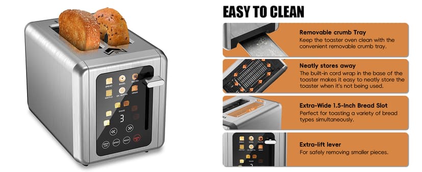 Touch screen Toaster 2 slice,Stainless Steel Digital Timer Toasters with Sound Function,6 Bread Types & 6 Shade Settings,Smart Extra Wide Slots Toaster with Bagel,Defrost Functions