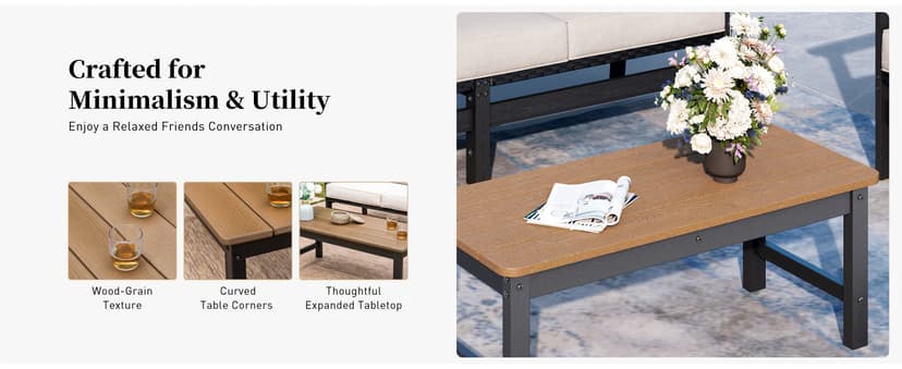 HDPE Outdoor Patio Furniture 4-Piece Set, All Weather Modern Patio Conversation Sets with Wood-grain Extended Table, Outdoor Patio Couch Set, Black Frame with Beige 4.7" Thick Cushions