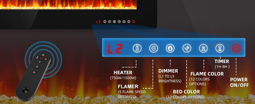 LEMBERI 72 inch Electric Fireplace Recessed and Wall Mounted,750/1500W Fireplace Heater and Linear Fireplace with Touch Screen Control Panel, Timer,Remote Control,Adjustable Flame Color and Speed