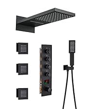 MONDAWE 23" Full Body Thermostatic Shower Jets System, 64-Color LED Music Waterfall Rainfall Luxury Shower Head System with 6 Spray Jets, Ceiling Mount Rain Shower Faucet Set, Matte Black