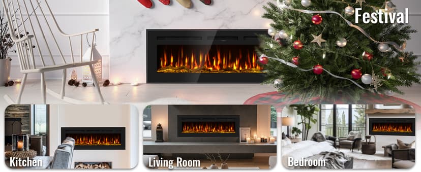 60 Inch Electric Fireplace in-Wall Recessed and Wall Mounted, Ultra-Thin Linear Fireplace Heater 750/1500W with Realistic Flame, Higher Temperatures & Lower Noise, Log Set & Crystal Options