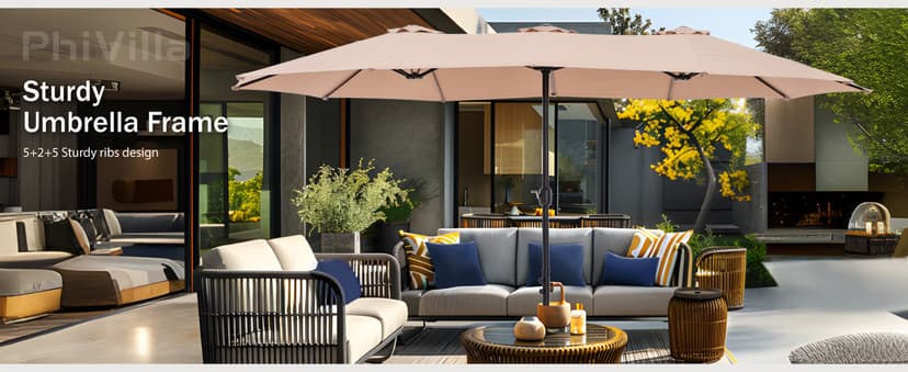 PHI VILLA 15ft Large Patio Umbrellas with Base Included, Outdoor Double-Sided Rectangle Market Umbrella with Stand, Outside Umbrellas for Poolside Lawn Backyard, Beige