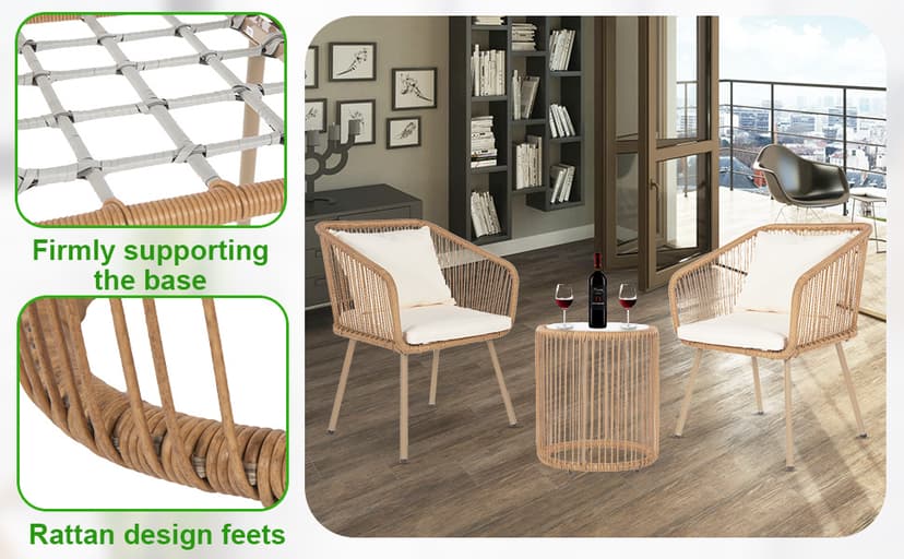 FDW 3-Piece Outdoor Furniture Modern Patio Bistro Set Rattan Conversation Set Wicker Patio Furniture Set with 2 Chairs Coffee Table Cushions Lumbar Pillows for Patio Outdoor Backyard Porch, White