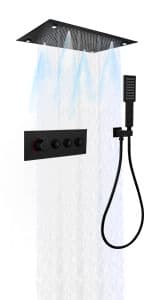 Smart Shower System with Body Jets, Black Shower Head and Handle Set,16" Ceiling Mount Rainfall Waterfall Shower Jets System with Tub Spout,Thermostatic Shower System Bathroom with Music and Led Light