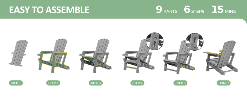 Adirondack Chair Set of 6, HDPE Plastic Adirondack Chairs, All Weather Fire Pit Chairs with Cup Holder, Outdoor Lawn Chair for Patio, Garden, Backyard, Grey