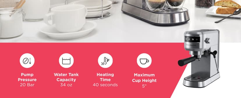 Frigidaire Steam Espresso Maker, Coffee Machine with Milk Frother & Cup Warmer, 20 Bar Pressure, 34 oz Removable Water Tank, Single or Double Shot, Stainless Steel