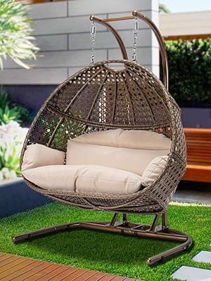 Double Egg Chair with Stand, 2 Person Heavy Duty Hanging Wicker Rattan Swinging Chair Hammock Nest Chair for Indoor Outdoor Patio Lounger Swinging Loveseat Perfect for Balcony Garden - Dust Blue