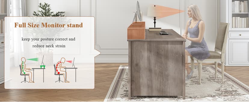 SEDETA Farmhouse 63" Executive Desk, Wood Computer Desk with Drawers and Storage Cabinet, Home Office Desk with File Drawer and Monitor Stand, Wood Desk for Work Study Writing, Grey