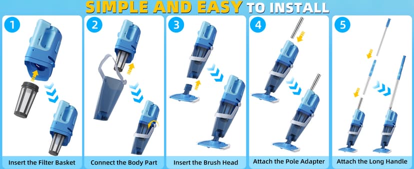 Cordless Pool Vacuum with Telescopic Pole, 26.5 gallons/min Powerful Suction, Handheld Rechargeable Swimming Pool Cleaner with 1H Running Time, Pool Vacuum for Above/In Ground Pools, Spas, Hot Tubs