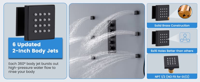 MONDAWE 23" Full Body Thermostatic Shower Jets System, 64-Color LED Music Waterfall Rainfall Luxury Shower Head System with 6 Spray Jets, Ceiling Mount Rain Shower Faucet Set, Matte Black