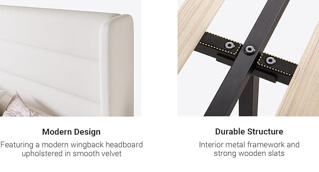 Allewie Queen Size Platform Bed Frame with Velvet Upholstered Wingback Headboard, No Box Spring Needed, Under Bed Storage Space, Strong Wooden Slats, Modern Mattress Foundation, Easy Assembly, White